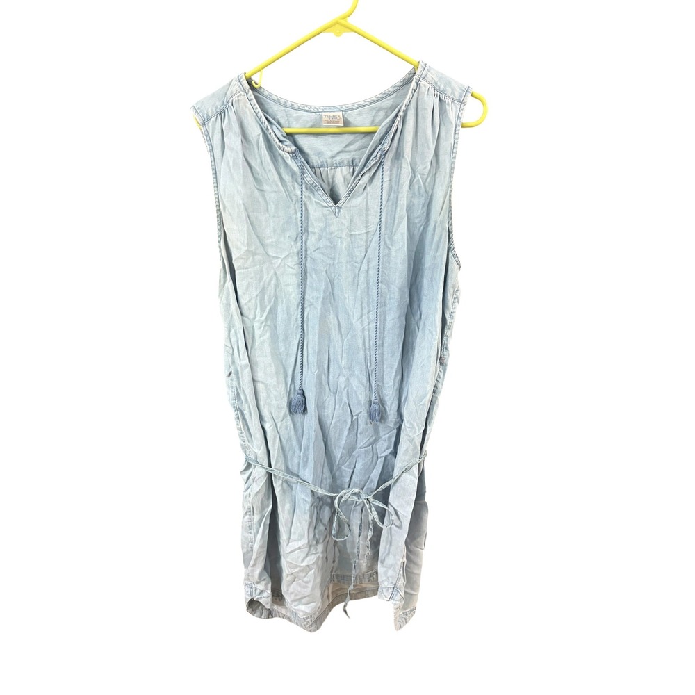 Time and Tru Womens XL Light Wash Chambray Sleeveless Tassel Tie Waist Dress‎